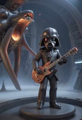 solo,gloves,1boy,holding,standing,jacket,male focus,belt,pants,uniform,military,military uniform,helmet,robot,instrument,mecha,science fiction,realistic,music,guitar,playing instrument,holding instrument,alien,spacecraft,spotlight,red eyes,armor,glowing,formal,aircraft,airplane,electric guitar,pilot