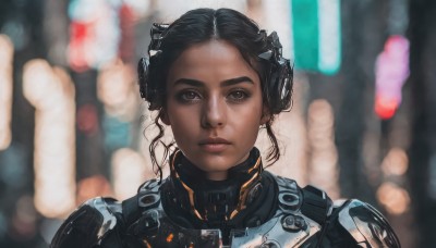 1girl,solo,looking at viewer,short hair,black hair,brown eyes,closed mouth,upper body,solo focus,dark skin,blurry,black eyes,dark-skinned female,lips,bodysuit,depth of field,blurry background,headgear,portrait,forehead,science fiction,realistic,nose,straight-on,very dark skin,cyberpunk,curly hair