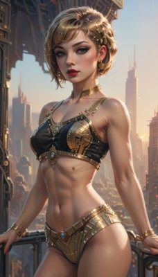 1girl,solo,breasts,looking at viewer,short hair,bangs,blonde hair,brown hair,hair ornament,navel,cleavage,bare shoulders,brown eyes,jewelry,medium breasts,underwear,standing,collarbone,cowboy shot,earrings,small breasts,outdoors,parted lips,sky,choker,day,midriff,artist name,stomach,nail polish,bra,armor,mole,bracelet,lips,makeup,abs,lipstick,building,freckles,toned,city,realistic,nose,railing,red lips,bikini armor,balcony,swimsuit,bikini,hairclip,red nails,eyeshadow,cityscape,against railing