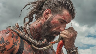 solo,black hair,1boy,holding,jewelry,closed eyes,upper body,ponytail,male focus,outdoors,sky,day,cloud,hand up,necklace,bracelet,from side,blood,tattoo,profile,facial hair,scar,cloudy sky,portrait,beard,realistic,dreadlocks,long hair,brown hair,rope,blood on face,dirty,blood on hands