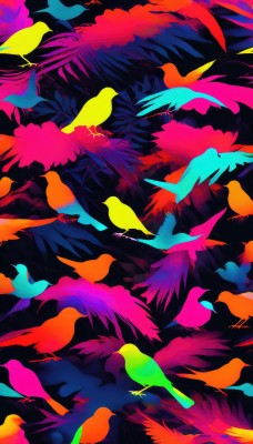 solo,artist name,signature,pokemon (creature),no humans,bird,animal,flying,animal focus,colorful,too many,flock,leaf,black background,nature