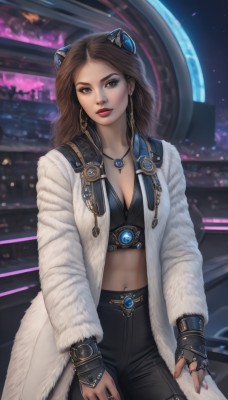 1girl,solo,long hair,breasts,looking at viewer,brown hair,hair ornament,gloves,long sleeves,navel,cleavage,brown eyes,jewelry,medium breasts,standing,cowboy shot,earrings,parted lips,open clothes,midriff,pants,fingerless gloves,necklace,nail polish,lips,coat,makeup,black pants,ring,lipstick,gem,pendant,science fiction,open coat,realistic,nose,white coat,red lips,long coat,fur coat,animal ears,black gloves,belt,stomach,blurry,crop top,fingernails,fur trim,fake animal ears,headgear,contrapposto,hoop earrings