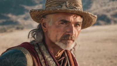 solo,looking at viewer,1boy,hat,brown eyes,closed mouth,upper body,white hair,grey hair,male focus,outdoors,sky,day,cloud,medium hair,blurry,blurry background,facial hair,portrait,beard,realistic,mustache,sand,brown headwear,straw hat,manly,old,old man,desert,armor,mole,black eyes,looking to the side,grey eyes,scar,cloudy sky,serious,cowboy hat