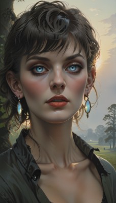 1girl,solo,breasts,looking at viewer,blush,short hair,bangs,blue eyes,brown hair,shirt,black hair,cleavage,jewelry,medium breasts,underwear,collarbone,upper body,earrings,outdoors,parted lips,sky,teeth,day,collared shirt,cloud,bra,tree,lips,black shirt,eyelashes,makeup,bird,sunlight,lipstick,black bra,messy hair,portrait,freckles,realistic,nose,palm tree,unbuttoned,red lips,mascara,gem,eyeshadow,backlighting,partially unbuttoned