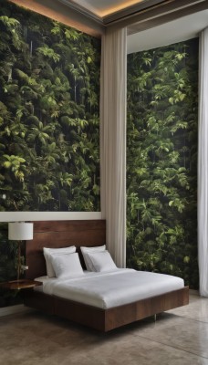 indoors,tree,pillow,book,no humans,window,bed,leaf,on bed,table,plant,curtains,scenery,rain,wooden floor,potted plant,lamp,bedroom,couch,wall