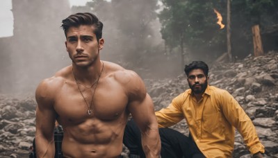 looking at viewer,short hair,shirt,black hair,gloves,navel,jewelry,nipples,jacket,weapon,male focus,sweat,outdoors,multiple boys,pants,dark skin,2boys,necklace,tree,gun,muscular,facial hair,abs,sunglasses,thick eyebrows,fire,pectorals,muscular male,nature,beard,forest,topless male,realistic,mustache,manly,dirty,chest hair,brown hair,closed mouth,upper body,day,collared shirt,looking at another,black pants,dark-skinned male,bara,large pectorals,meme,undercut,ruins