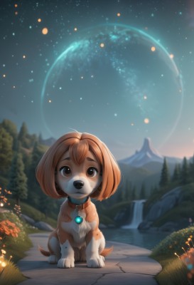 1girl,solo,looking at viewer,short hair,bangs,brown hair,animal ears,brown eyes,jewelry,sitting,tail,full body,flower,outdoors,sky,artist name,signature,water,blurry,collar,tree,night,depth of field,blurry background,animal,watermark,moon,grass,looking up,gem,star (sky),dog ears,nature,night sky,scenery,furry,full moon,starry sky,dog,dog tail,rock,mountain,furry female,dog girl,body fur,straight-on,animal collar,waterfall,mountainous horizon,lake,path,no humans,planet,red collar