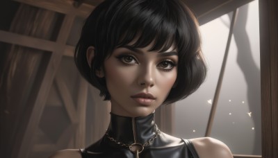 1girl,solo,looking at viewer,short hair,bangs,black hair,bare shoulders,brown eyes,jewelry,closed mouth,sleeveless,indoors,necklace,lips,eyelashes,makeup,turtleneck,piercing,portrait,realistic,nose,artist name,bug,close-up