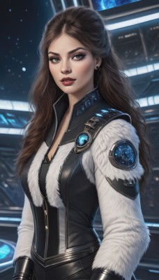 1girl,solo,long hair,breasts,looking at viewer,brown hair,gloves,long sleeves,cleavage,brown eyes,jewelry,medium breasts,upper body,earrings,parted lips,black gloves,belt,mole,vest,lips,fur trim,makeup,wavy hair,lipstick,eyeshadow,realistic,nose,red lips,stud earrings,eyeliner,bangs,artist name,signature,parted bangs,bodysuit,science fiction,black bodysuit