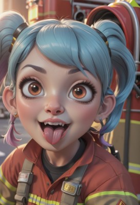 1girl,solo,looking at viewer,smile,short hair,open mouth,bangs,shirt,hair ornament,twintails,brown eyes,jewelry,blue hair,jacket,upper body,multicolored hair,earrings,teeth,tongue,artist name,tongue out,blurry,two-tone hair,black shirt,eyelashes,gradient hair,depth of field,blurry background,fangs,upper teeth only,piercing,short twintails,ear piercing,portrait,red jacket,close-up,zipper,freckles,short eyebrows,stud earrings,overalls,tongue piercing,hat,baseball cap,nose