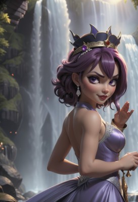 1girl,solo,breasts,looking at viewer,blush,smile,short hair,bangs,dress,bare shoulders,jewelry,medium breasts,closed mouth,standing,purple eyes,purple hair,earrings,outdoors,sleeveless,looking back,artist name,hand up,signature,water,bag,from behind,blurry,bracelet,from side,lips,looking to the side,bare arms,eyelashes,strapless,makeup,sleeveless dress,back,tiara,crown,lipstick,gem,strapless dress,purple dress,curly hair,handbag,backless outfit,nose,red lips,backless dress,waterfall,upper body,nail polish,watermark,sunlight,web address,princess,gown