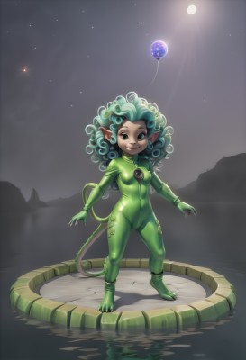 1girl,solo,breasts,looking at viewer,smile,green eyes,standing,tail,full body,small breasts,green hair,sky,pointy ears,water,bodysuit,night,moon,monster girl,star (sky),night sky,starry sky,curly hair,green bodysuit,long hair,aqua hair,skin tight,personification,balloon,planet