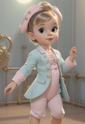 1girl,solo,looking at viewer,short hair,blonde hair,brown hair,long sleeves,hat,brown eyes,closed mouth,standing,jacket,open clothes,shorts,indoors,blurry,black eyes,open jacket,lips,loli,buttons,blurry background,blue jacket,child,nurse cap,female child,nurse,pink headwear,key,blue eyes,parted lips,nose