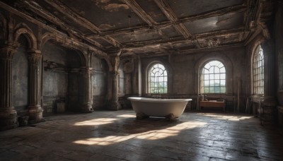 day,indoors,water,no humans,window,shadow,sunlight,plant,scenery,light rays,door,bathtub,pillar,arch,chair,table,wooden floor,tiles,potted plant,tile floor