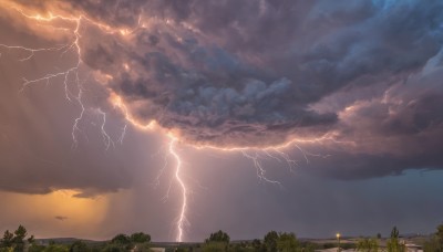 outdoors,sky,cloud,tree,no humans,cloudy sky,building,scenery,sunset,fence,electricity,road,power lines,lamppost,lightning,ocean,grass,plant,nature,horizon,landscape