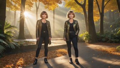 looking at viewer,smile,short hair,multiple girls,brown hair,shirt,long sleeves,2girls,brown eyes,jewelry,closed mouth,standing,jacket,full body,outdoors,open clothes,shoes,day,belt,pants,necklace,black footwear,open jacket,tree,lips,black shirt,leaf,black pants,sunlight,plant,denim,sneakers,nature,forest,hand in pocket,light rays,realistic,hands in pockets,autumn leaves,dappled sunlight,autumn,breasts,bangs,blue eyes,earrings,bag,black jacket,makeup,lipstick,scenery,handbag,red lips,bush