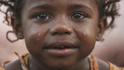 solo,looking at viewer,blue eyes,black hair,1boy,male focus,parted lips,dark skin,blurry,lips,depth of field,blurry background,dark-skinned male,child,portrait,close-up,freckles,realistic,smile,jewelry,teeth,nose,dirty,dirty face