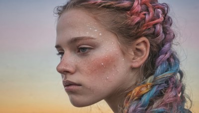 1girl,solo,long hair,brown hair,hair ornament,blue hair,braid,multicolored hair,parted lips,from side,lips,grey eyes,eyelashes,single braid,profile,looking away,feathers,portrait,freckles,realistic,nose,blush,closed mouth,sweat,gradient,gradient background,close-up,feather hair ornament,looking afar,looking ahead