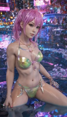 1girl,solo,long hair,breasts,looking at viewer,navel,jewelry,medium breasts,green eyes,swimsuit,pink hair,bikini,earrings,spread legs,medium hair,water,necklace,nail polish,blurry,bracelet,lips,wet,blurry background,watermark,ring,partially submerged,reflection,realistic,pool,green bikini,navel piercing,bangs,cleavage,hair between eyes,bare shoulders,sitting,closed mouth,ponytail,thighs,outdoors,artist name,black eyes,knife,web address