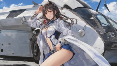 1girl,solo,long hair,breasts,looking at viewer,blush,smile,open mouth,bangs,skirt,brown hair,black hair,hair ornament,long sleeves,dress,navel,animal ears,cleavage,brown eyes,jewelry,medium breasts,jacket,thighs,cowboy shot,outdoors,parted lips,open clothes,sky,day,cloud,arm up,blue sky,blue skirt,coat,clothing cutout,blue dress,headgear,white jacket,cloudy sky,ground vehicle,motor vehicle,open coat,aircraft,white coat,military vehicle,car,airplane,navel cutout,vehicle focus,bow,ribbon,standing,hair ribbon,:d,sidelocks,shiny,belt,hand up,wide sleeves,stomach,military,short dress