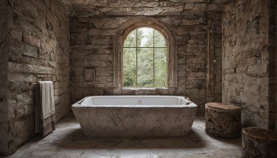 day,indoors,no humans,window,sunlight,scenery,door,tiles,wall,ruins,brick wall,bathtub,barrel,plant,towel,sink,arch,faucet,brick