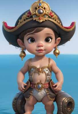 1girl,solo,looking at viewer,short hair,brown hair,hat,navel,brown eyes,jewelry,closed mouth,standing,full body,earrings,outdoors,barefoot,day,belt,water,flat chest,lips,loli,ocean,child,freckles,female child,pirate hat,lalafell,pointy ears,black eyes