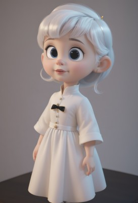 1girl,solo,looking at viewer,smile,short hair,bangs,blue eyes,simple background,long sleeves,dress,bow,jewelry,standing,full body,white hair,hairband,earrings,parted lips,artist name,signature,white dress,lips,black bow,child,arms at sides,female child,blush