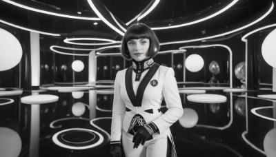 1girl,solo,breasts,looking at viewer,short hair,bangs,gloves,long sleeves,animal ears,standing,jacket,monochrome,greyscale,cowboy shot,parted lips,necktie,black gloves,pants,blunt bangs,rabbit ears,uniform,lips,formal,bob cut,suit,nose,military,military uniform,science fiction,realistic