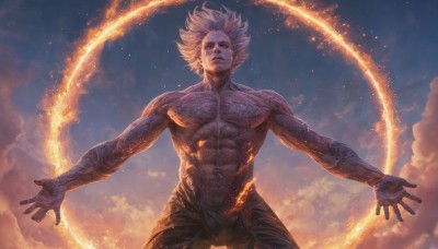 solo,looking at viewer,short hair,1boy,navel,closed mouth,standing,white hair,male focus,cowboy shot,outdoors,sky,cloud,muscular,abs,cloudy sky,outstretched arms,fire,pectorals,muscular male,spiked hair,veins,topless male,realistic,manly,burning,blonde hair,artist name,signature,colored skin,floating,fantasy