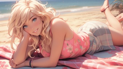 1girl,solo,long hair,breasts,looking at viewer,blush,smile,bangs,blue eyes,skirt,blonde hair,large breasts,shirt,cleavage,bare shoulders,jewelry,medium breasts,outdoors,lying,parted lips,shorts,barefoot,teeth,sleeveless,day,striped,grin,blurry,bracelet,feet,lips,legs,grey eyes,plaid,bare arms,bare legs,sleeveless shirt,toes,depth of field,blurry background,ocean,wavy hair,plaid skirt,beach,floral print,sandals,tank top,on stomach,towel,hand on own face,pink shirt,head rest,sand,anklet,feet up,the pose,thighs,miniskirt,water,leg up,freckles