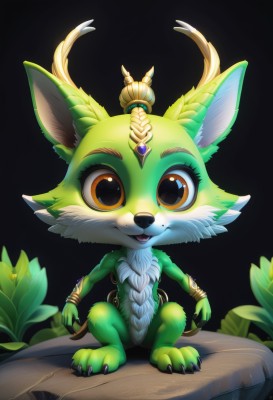 1girl,solo,looking at viewer,smile,open mouth,simple background,animal ears,brown eyes,jewelry,sitting,full body,artist name,bracelet,orange eyes,no humans,:3,leaf,happy,plant,black background,gem,claws,furry,furry female,green skin,body fur,animal nose,moss,yordle,tail,yellow eyes,teeth,fangs,watermark,rock,antlers,white fur,forehead jewel,brown fur,two-tone fur