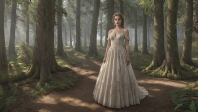 1girl,solo,long hair,breasts,looking at viewer,brown hair,dress,cleavage,bare shoulders,brown eyes,jewelry,medium breasts,standing,full body,earrings,outdoors,day,off shoulder,hair bun,white dress,tree,strapless,sunlight,nature,scenery,strapless dress,forest,wedding dress,realistic,long dress,arms at sides,bush,path,short hair,lips,dappled sunlight