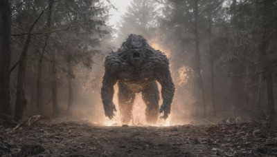 solo,looking at viewer,open mouth,red eyes,1boy,standing,male focus,outdoors,teeth,tree,no humans,glowing,nature,glowing eyes,1other,forest,monster,giant,fangs,scenery