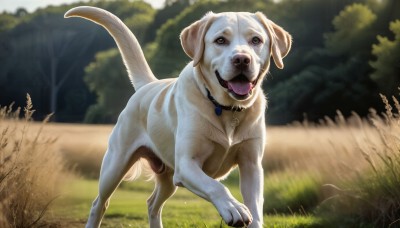 HQ,solo,open mouth,outdoors,day,tongue,tongue out,blurry,collar,tree,no humans,blurry background,animal,grass,nature,dog,realistic,animal focus,looking at viewer,brown eyes,standing,signature,necklace,sunlight,animal collar