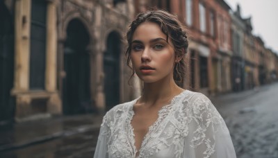 1girl,solo,breasts,looking at viewer,short hair,blue eyes,brown hair,black hair,dress,upper body,outdoors,parted lips,white dress,blurry,lips,dutch angle,depth of field,blurry background,freckles,realistic,church,cleavage,jewelry,collarbone,earrings,day,mole,building,red lips,mole on cheek