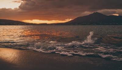 outdoors,sky,cloud,water,no humans,ocean,beach,cloudy sky,scenery,sunset,mountain,sand,sun,horizon,waves,evening,mountainous horizon,shore,orange sky,monochrome,sunlight,splashing