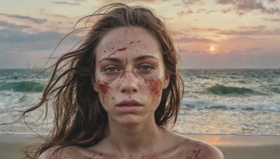 1girl,solo,long hair,looking at viewer,blue eyes,brown hair,collarbone,outdoors,parted lips,sky,cloud,water,lips,grey eyes,blood,floating hair,ocean,beach,sunlight,cloudy sky,messy hair,portrait,freckles,sunset,injury,blood on face,realistic,sand,sun,horizon,waves,black hair,upper body,nude,wind,forehead,backlighting,wide-eyed,dirty,shore,dirty face