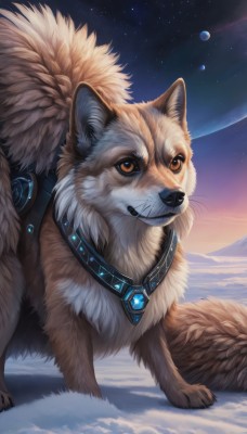 solo,brown eyes,full body,outdoors,sky,signature,collar,orange eyes,no humans,night,animal,moon,gem,star (sky),night sky,snow,starry sky,dog,realistic,animal focus,fluffy,jewelry,artist name,necklace,web address,space,planet