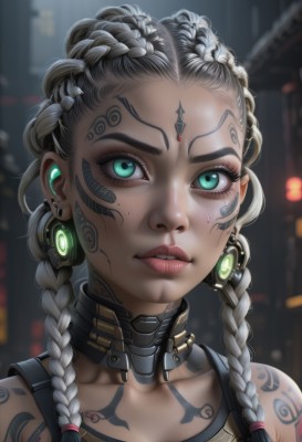 1girl,solo,long hair,looking at viewer,bare shoulders,jewelry,green eyes,collarbone,upper body,braid,grey hair,multicolored hair,earrings,parted lips,teeth,artist name,dark skin,blurry,twin braids,collar,aqua eyes,dark-skinned female,lips,eyelashes,tattoo,makeup,blurry background,glowing,facial mark,piercing,tank top,ear piercing,portrait,forehead,freckles,science fiction,nose,shoulder tattoo,facial tattoo,cyborg,cyberpunk,neck tattoo,multiple braids,hair ornament,choker,facepaint,dreadlocks,earpiece