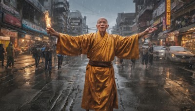 long sleeves,1boy,standing,male focus,outdoors,japanese clothes,multiple boys,sky,solo focus,wide sleeves,kimono,wet,night,facial hair,outstretched arms,ground vehicle,building,motor vehicle,rain,6+boys,city,realistic,car,road,bald,old,police,old man,street,crowd,people,belt,cloud,signature,sash,dutch angle,umbrella,cloudy sky,fire,wet clothes,scenery,walking,science fiction,robe,sign,fantasy,spread arms,cityscape,lamppost,flame,skyscraper,puddle,raincoat,grey sky,burning,pavement,crosswalk,pyrokinesis,6+others,vanishing point,sidewalk