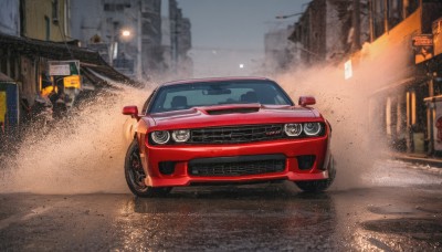 outdoors,no humans,ground vehicle,building,scenery,motor vehicle,city,sign,car,road,vehicle focus,lamppost,street,road sign,sports car,truck,sky,smoke,dust