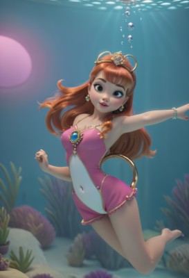 1girl,solo,long hair,breasts,looking at viewer,smile,bangs,blue eyes,brown hair,navel,cleavage,bare shoulders,brown eyes,jewelry,medium breasts,swimsuit,full body,earrings,frills,parted lips,barefoot,teeth,artist name,armpits,water,necklace,nail polish,orange hair,bracelet,covered nipples,lips,one-piece swimsuit,strapless,covered navel,makeup,sunlight,tiara,crown,outstretched arm,lipstick,gem,red nails,pink nails,fish,bubble,toenails,pink lips,underwater,toenail polish,air bubble,casual one-piece swimsuit,swimming,submerged,freediving,coral,pink one-piece swimsuit,blush,collarbone,tail,small breasts,blurry,black eyes,blurry background,ocean,freckles