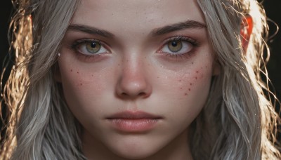 1girl,solo,long hair,looking at viewer,simple background,brown eyes,closed mouth,yellow eyes,white hair,grey hair,lips,eyelashes,black background,portrait,close-up,freckles,realistic,nose,eye focus,blonde hair,blood,blood on face