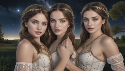 long hair,breasts,looking at viewer,smile,blue eyes,multiple girls,brown hair,dress,cleavage,bare shoulders,jewelry,medium breasts,upper body,earrings,outdoors,parted lips,detached sleeves,sky,3girls,necklace,white dress,mole,tree,lips,see-through,night,siblings,grass,sisters,star (sky),nature,night sky,starry sky,freckles,twins,realistic,nose,head wreath,hair ornament,teeth,grey eyes