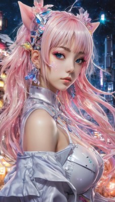 1girl,solo,long hair,breasts,looking at viewer,bangs,blue eyes,large breasts,hair ornament,animal ears,cleavage,bare shoulders,jewelry,upper body,pink hair,flower,earrings,outdoors,parted lips,sky,shiny,cat ears,hair flower,necklace,from side,lips,eyelashes,makeup,night,facial mark,gem,star (sky),night sky,eyeshadow,starry sky,nose,medium breasts,closed mouth,ahoge,sidelocks,hairband,artist name,off shoulder,blurry,shiny hair,floating hair,fake animal ears,expressionless,piercing,building,ear piercing,bandaid,light particles,pink lips,realistic,bandaid on face,red lips,bokeh,mascara