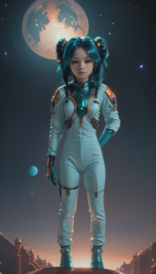 1girl,solo,breasts,looking at viewer,smile,short hair,gloves,brown eyes,blue hair,standing,full body,small breasts,sky,dark skin,medium hair,hair bun,dark-skinned female,lips,hand on hip,double bun,aqua hair,bodysuit,moon,star (sky),full moon,backlighting,arm behind back,science fiction,realistic,nose,blue gloves,space,planet,spacecraft,spacesuit,black hair,parted lips,arms behind back,earth (planet)