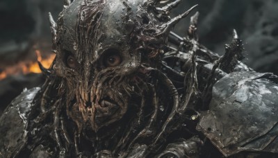 solo,looking at viewer,holding,upper body,weapon,horns,teeth,armor,blurry,no humans,blurry background,helmet,fire,shoulder armor,1other,spikes,pauldrons,monster,extra eyes,full armor,1boy,brown eyes,male focus,portrait,close-up