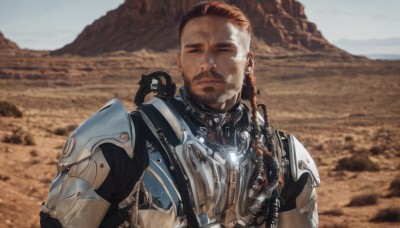 solo,brown hair,1boy,closed mouth,closed eyes,upper body,male focus,outdoors,day,dark skin,armor,blurry,blurry background,facial hair,scar,dark-skinned male,facing viewer,beard,scar on face,science fiction,realistic,mustache,stubble,animification,dirty,photo background,desert,looking at viewer,short hair,sky,cable,power armor