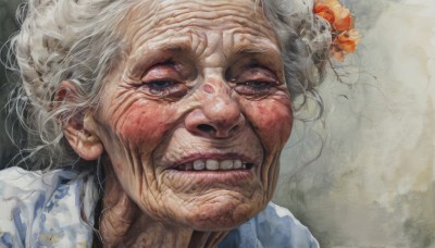 1girl,solo,looking at viewer,smile,blue eyes,hair ornament,flower,white hair,grey hair,parted lips,japanese clothes,teeth,hair flower,lips,eyelashes,floral print,portrait,realistic,nose,old,old man,old woman,wrinkled skin,1boy,kimono,grey eyes,half-closed eyes,clenched teeth,grimace