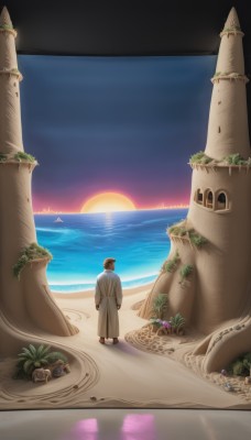 1girl,solo,black hair,1boy,hat,flower,male focus,outdoors,multiple boys,sky,water,from behind,bird,ocean,beach,plant,scenery,sunset,sand,sun,horizon,shell,sunrise,desert,brown hair,standing,star (sky),starry sky,robe,fantasy,facing away,tower,lighthouse